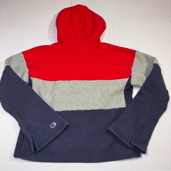 Champion Reverse Weave Colorblock Red Grey Blue Cropped Hoodie Women’s Medium - Picture 6 of 8